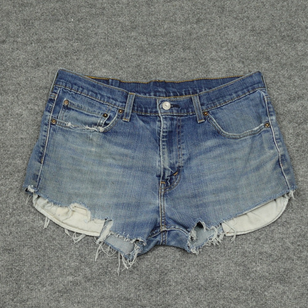Levi's 527 Shorts Women 34 Blue Distressed Cut Off Denim Frayed Hem Festival